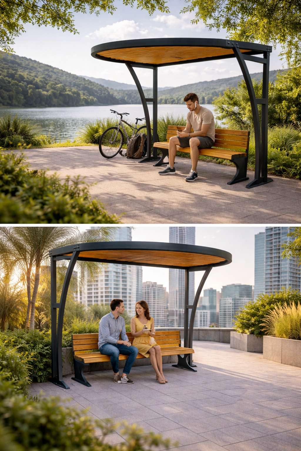 Curved Shade Structure β Modern Outdoor Bench Shelter
