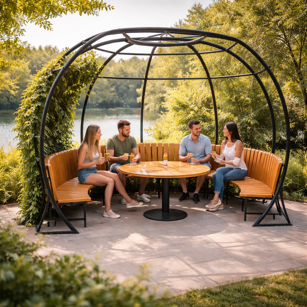 Organic Dome Pavilion β Curved Bench & Table Seating Structure