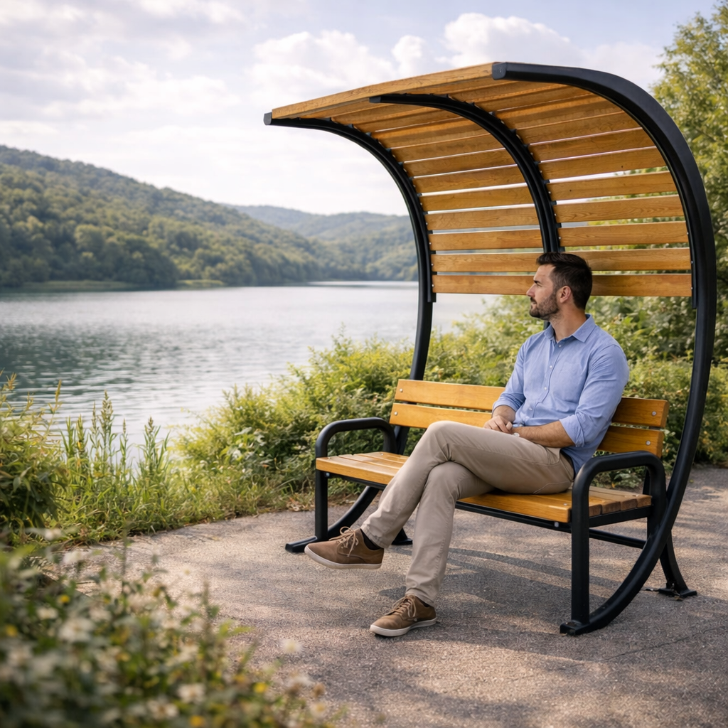 Curved Shade Bench Shelter β Contemporary Outdoor Seating